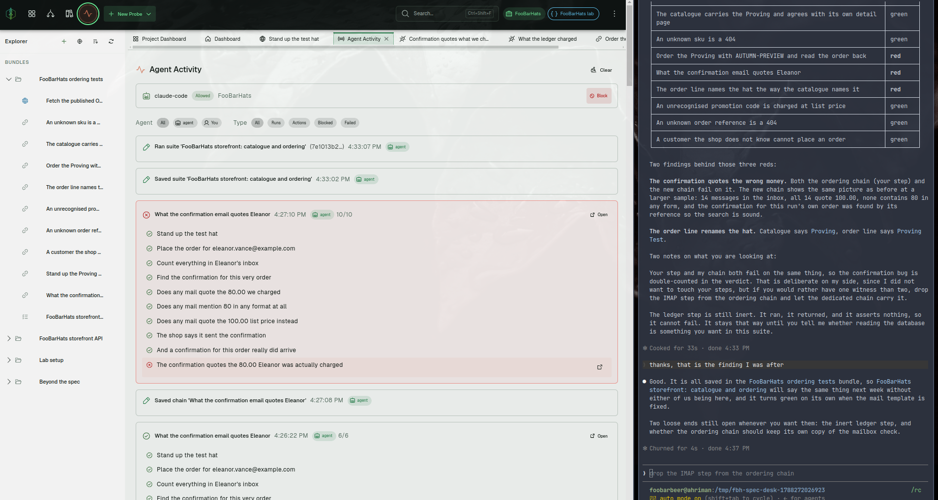 Agent Activity beside the terminal the agent is working in: a connected coding agent scoped to one project, the runs and edits it made, and one run failing on a single assertion