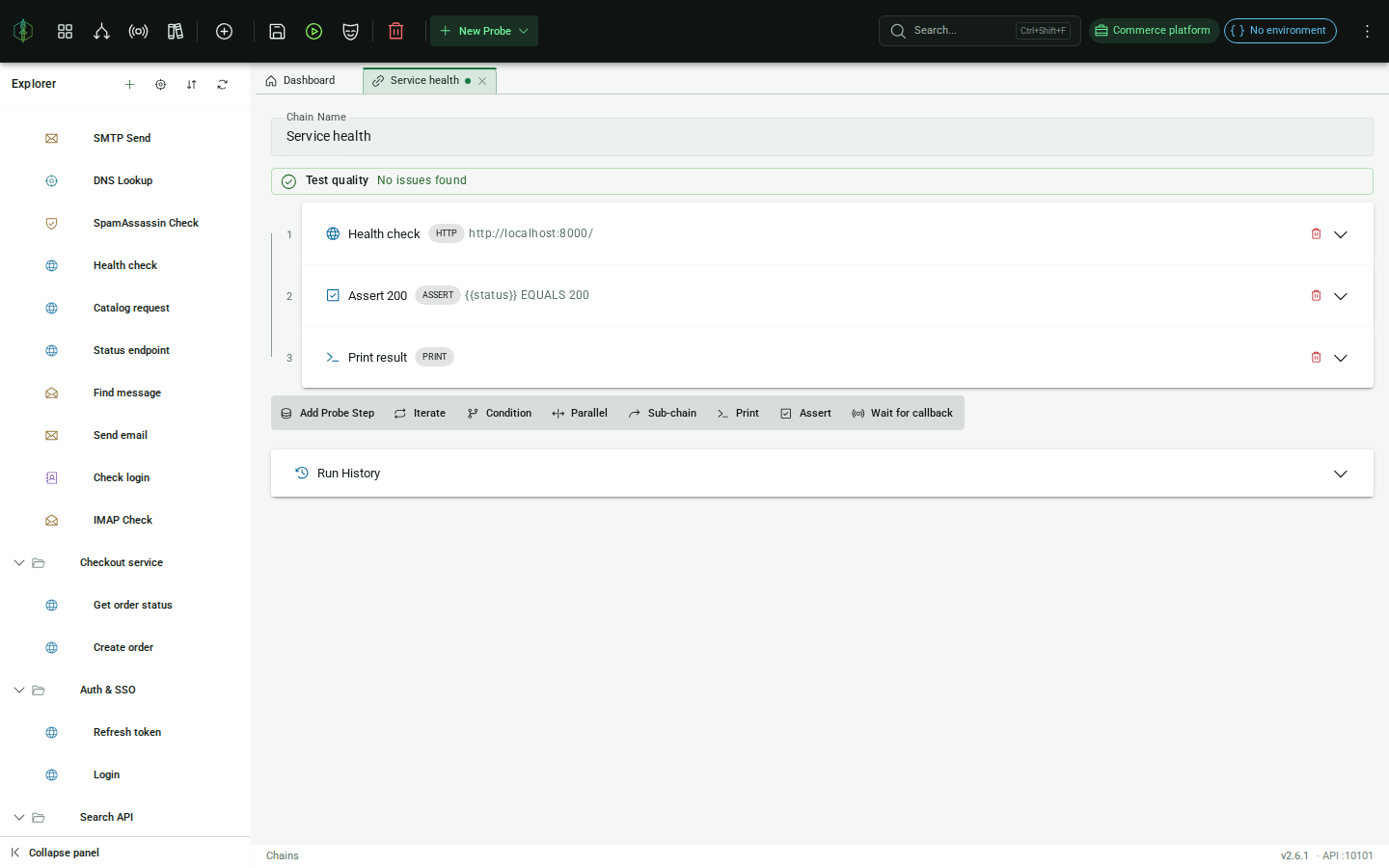 The chain editor: a multi-step HTTP → IMAP → LDAP flow with per-step extractors and assertions in one runnable file