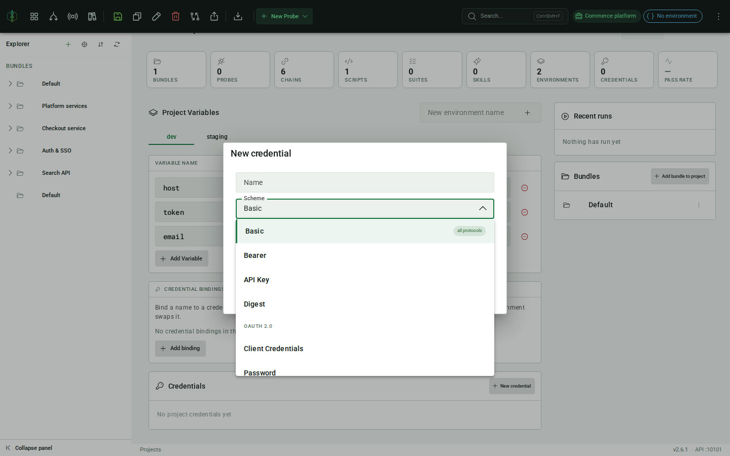Credential store dialog with the auth scheme picker open