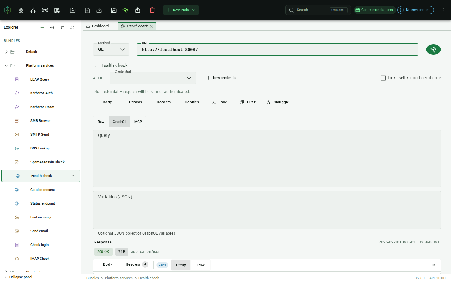 HTTP probe Body tab in GraphQL mode with Query and Variables editors