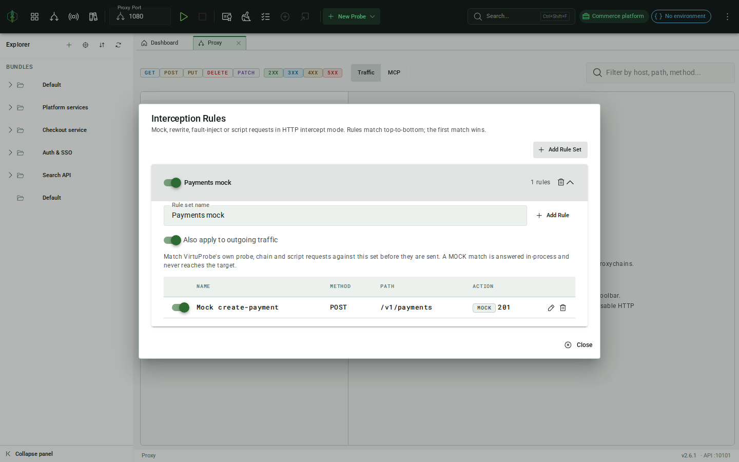Proxy interception rules editor with a MOCK rule returning a synthetic response